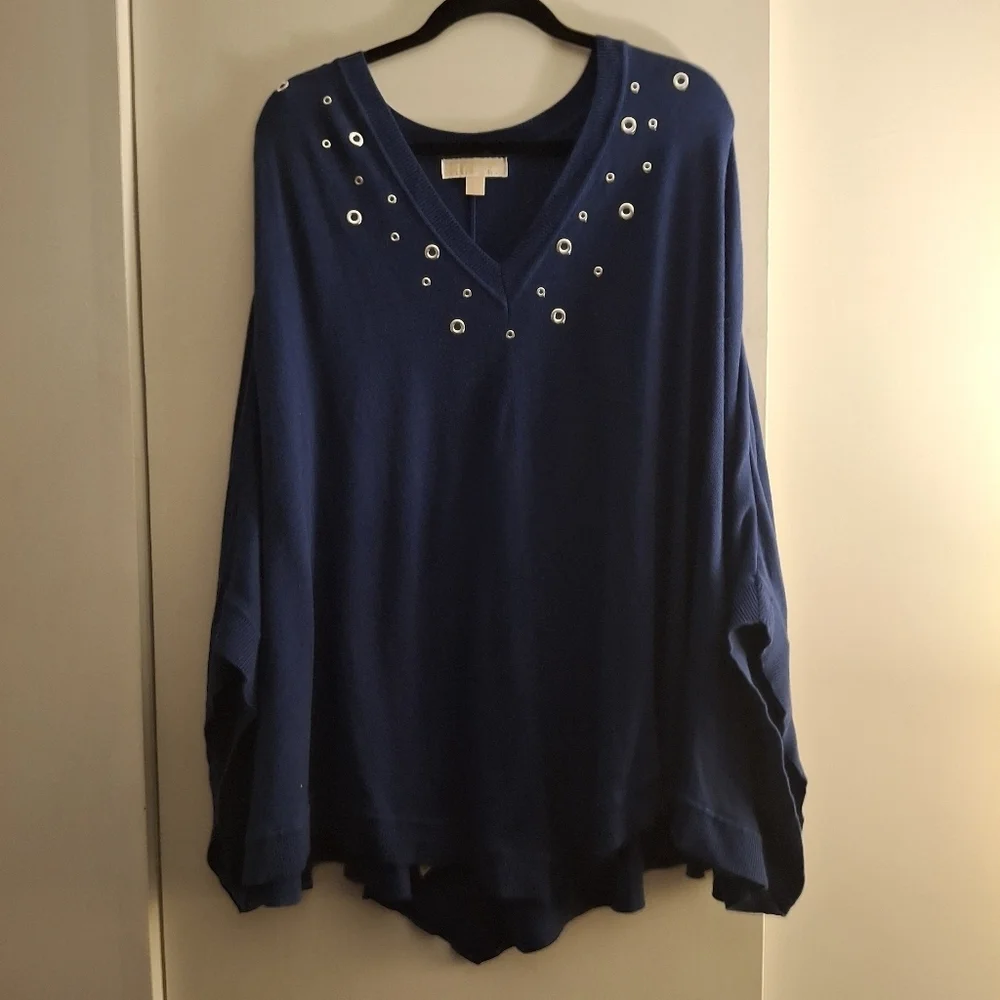Michael Kors Dark Blue Knit Women's Poncho Sweater With Silver Grommets